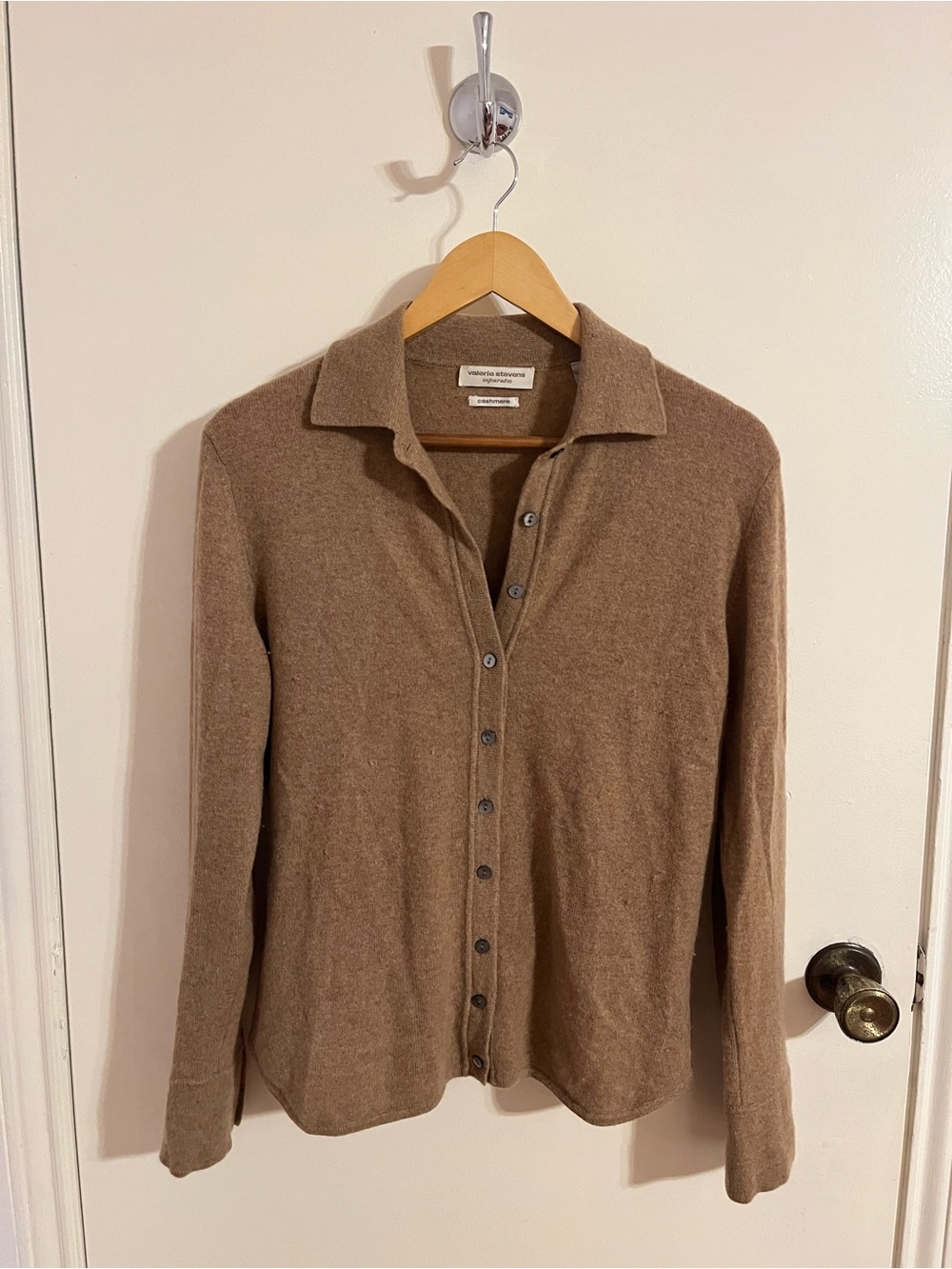Valerie Stevens Brown Cashmere Button-Front Collared Cardigan
